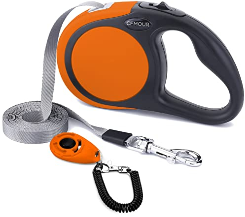 CFMOUR Retractable Dog Lead, 5m/50kg Orange Heavy-Duty Extendable Dog Leads for Medium to Large Dogs; Strong Nylon Tape Ribbon Leash, One-Button Brake&Lock, Bonus Training Clicker