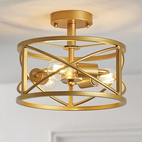 WUZUPS Kronleuchter 3-flammige Vintage Bauernhaus Industrie-Halbbündig-Deckenleuchte moderne Leuchte für Foyer Schlafzimmer Flur Abstellraum Küche Badezimmer, H 30 x B 24, E27 Sockel, Gold
