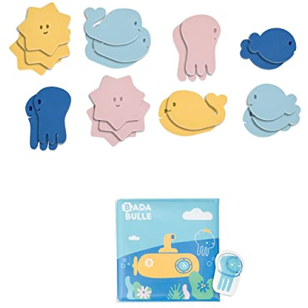 Badabulle Lot de jouets de bain : 1 livre de bain (1 face personnages & 1 face histoire) et 1 marionnette + 20 stickers de bain, Se collent aux parois du bain ou de la douche