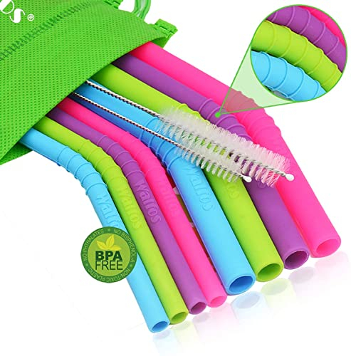 Walfos Cannucce riutilizzabili in silicone – Cannucce lunghe flessibili per frullati, frullati, 4 cannucce grandi + 4 cannucce regolari senza BPA, spazzole per la pulizia + 1 custodia