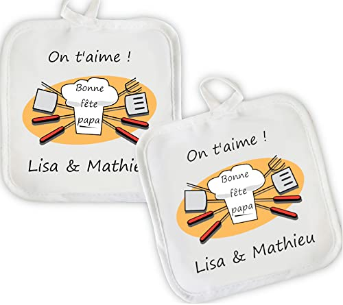 Lot de 2 Maniques de Cuisine Personnalisées – Bonne Fête Papa – Cadeau Fête des Pères – Avec Message Haut et Prénoms – Accessoire Cuisine Papa – Expédition 24H – 17x17 cm