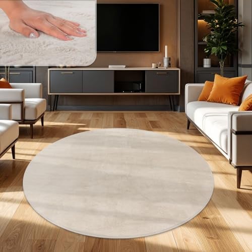 TT Home Wohnzimmer Teppich Hochflor Langflor Kunstfell Weich Modern Unifarben Flauschig, Farbe: Creme, Größe:200 cm Rund