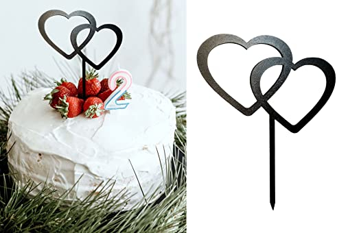 MMshop Topper Herz 16x12 cm | Double heart Birthday Cake Topper | Schwarz | Holz | Tortendeko | Tortenaufleger | Geburtstag