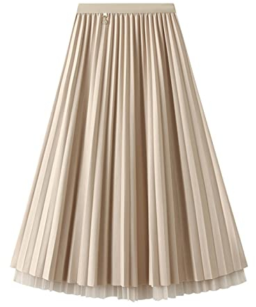 Jemsia Gonna da donna reversibile in tulle, linea ad A, elastica, a vita alta, elegante, a pieghe, per balletto, ballo di fine anno, festa, gonna con ornamento, per donne e ragazze, Beige, Taglia