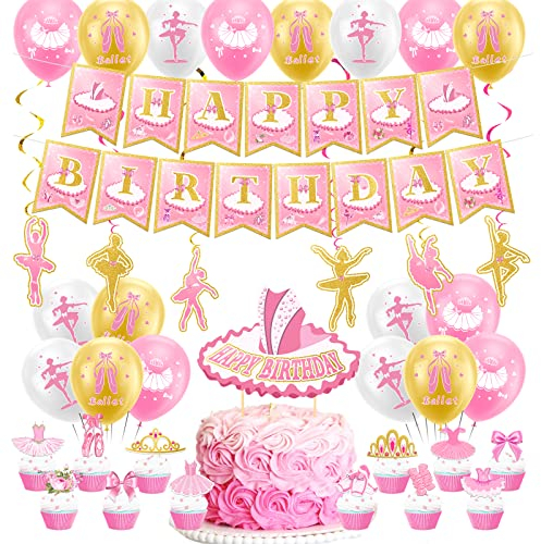 Ballett Geburtstag Party Zubehör Ballerina Party Dekoration Inklusive Ballett Happy Birthday Banner Ballerina Spirals Kuchen Cupcake Topper Ballons für Ballett Thema Party Tanz Party Baby Dusche