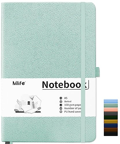 Mlife Notebook A5,Dotted Journal Buch mit 200 Seiten, Premium 100gsm Tintenfestes Papie Dickes,PU Hard Cover Notizbuch,Innentasche,Elastisch Gebändert,bullet journal&Dotted Notizblock A5(Blaugrün)