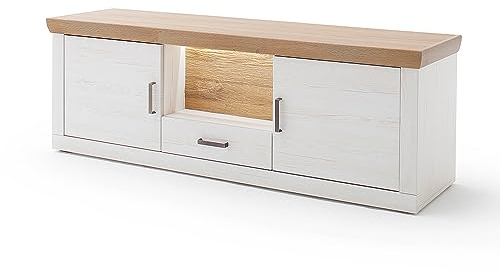 Lomadox TV-Lowboard 181 cm breit mit offenem Fach inkl. LED Beleuchtung in Pinie weiß mit Eiche Nb., Landhausstil, TV Schrank, TV Board, Fernsehschrank, Fernsehtisch, B/H/T ca. 181/62/50 cm