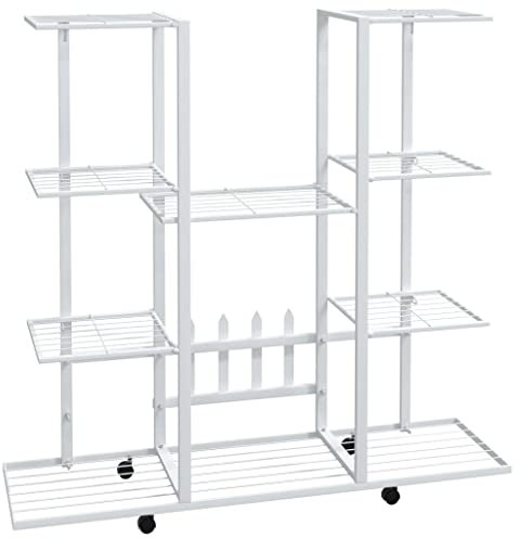 vidaXL Blumenständer mit Rollen, Pflanzenständer mit viel Platz, Pflanzenregal mit Eisenrahmen, Blumenregal Ausstellungsregal Lagerregal, Weiß Eisen