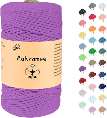 3mm x 100m Makramee Garn, Baumwollgarn, Macrame Kordel für Basteln, Pflanzenbügel-Tiefes Lila