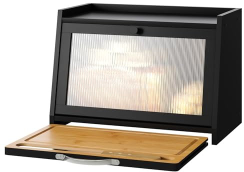 kiplant Brotbox für Küchentheke, Bambusbrot-Aufbewahrungsbehälter mit gewellter Arcyl-transparenter Tür, Bambus-Holz-Bernhaus-Brotbox für Ihr Haus (Schwarz + Schneidebrett)