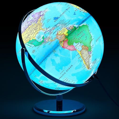 Amylove Globe lumineux de 33 cm pour adultes - Rotation à 720°/360° - Réinscriptible - Avec support - Carte du monde interactive - Lampe de base - Décoration LED (métal, pratique)
