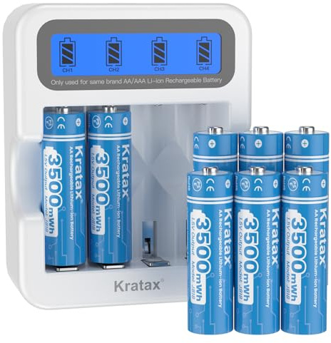 Kratax Batteria AA da 1,5 V, 3500 mWh ad alta capacità con 1600 cicli lunghi, 8 batterie al litio AA ricaricabili con ricarica rapida di 2 ore, display LCD