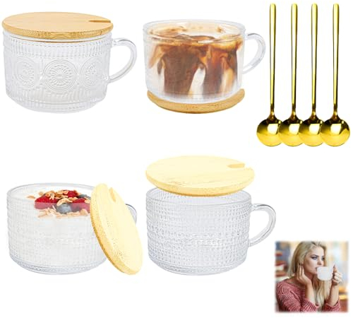 MININUSI 4 Pezzi Tazze da Caffè Grandi,Tazza da Caffè in Vetro da 450 ml,Tazza da Cappuccino,Tazze da Colazione Bellissime,Tazze da Caffè Trasparenti con Coperchio e Cucchiaio,per Caffè Latte Cereali