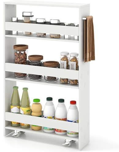 COSTWAY Slim Storage Trolley, 4 Tier Slide Out Rolling Cart on Wheels with Handle, Anti-falling Guardrail, Space-saving Utility Shelving Unit Organizer for Kitchen Bathroom Office (White)