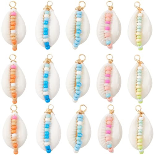 SUNNYCLUE 1 boîte de 30 breloques Coquillages en Vrac, Coquillage Naturel avec Perles de Rocaille en Verre, Breloque Hawaïenne Sur le Thème de L'Océan D'Été pour la Fabrication de Bijoux, Colliers, Br
