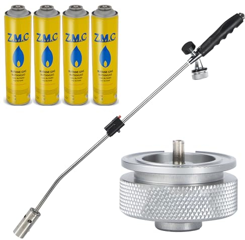 ZMC Désherbant 2,5 kW + 4 cartouches de gaz de 330 g, avec adaptateur pour filetage européen, désherbeur avec allumage piézoélectrique, flamme réglable jusqu'à 1400 °C