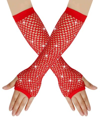 Damen Netzhandschuhe Glänzende Fingerlose Handschuhe Lange Fischnetz Armstulpen Mesh Handschuhe Karneval Party Kostümzubehör Opernhandschuhe Abendhandschuhe Glitzer Handschuhe Cosplay (Red, One Size)