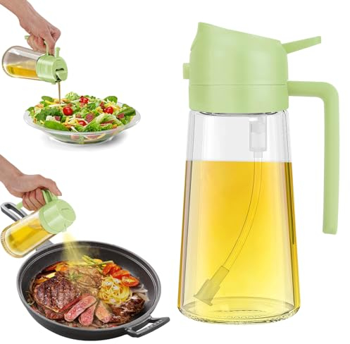SWEET VIEW 2 in 1 Spruzzatore Olio e Dosatore Olio, 470ml Spruzzino Olio Per Friggitrice Aria, Bottiglia di olio d'oliva in vetro per cucina, insalata e barbecue (Green)