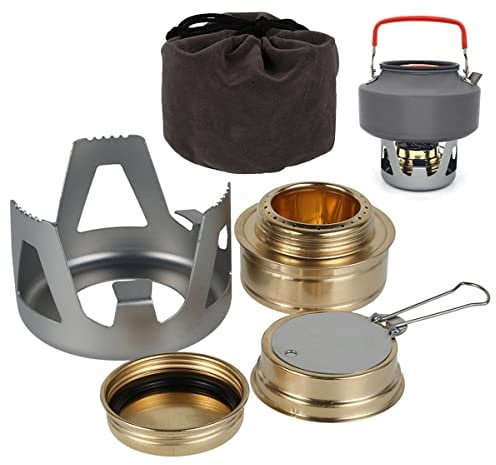 Foppla Estufa de alcohol portátil - Mini estufa de mochilero con quemador de alcohol de latón y soporte de aluminio para camping y senderismo