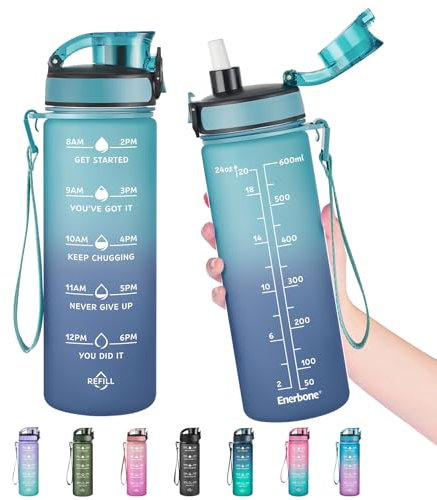 Enerbone 24 oz Water Bottle, Leakproof BPA & Toxic Free, Motivational Water Bottle with Times to Drink and Straw, Fitness Sports Water Bottle with Strap for Office, Gym, Outdoor Sports