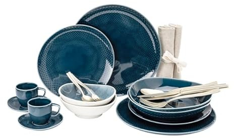 Rosenthal 24-teilig Teller Essgeschirr, Tafel, Junto Ocean Blue Aquamarine Set, Porzellan, Besteck Edelstahl rostfrei, Leinen Serviette