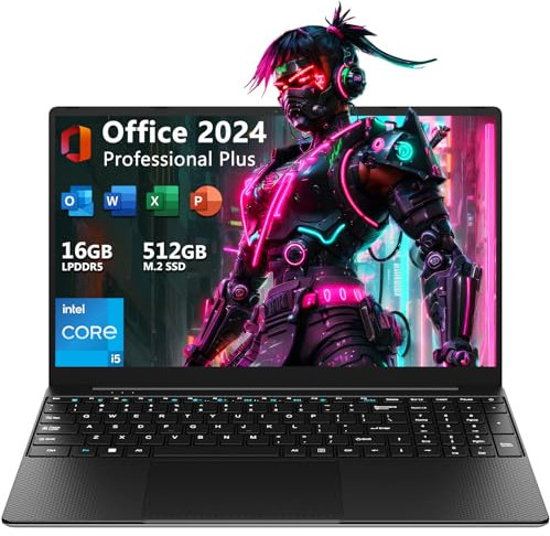 TPV 15.6 Laptop Computer (Intel Core i5 / 16GB RAM/ 512GB SSD), MS Office 2024, FHD Display with 100% sRGB Color Gamut, Windows 11 Pro Notebook PC with Dual Band Wi-Fi, Webcam (Silver)