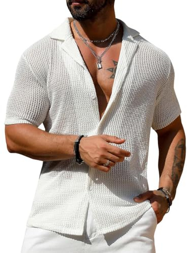 Oanviso Camisa de Punto Hombres Camisa Hawaiana Verano Camiseta de Malla Sexy Top Casual Transparentes Moda Clubwear Blusas Discoteca Botones Shirts de Playa Manga Corta