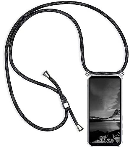 YAMCCCSE Handykette Handyhülle für Fairphone 5 5G mit Band - Transparent Handy-Kette Handy Hülle mit Kordel zum Umhängen Handyanhänger Halsband Lanyard Case Cover - Schwarz