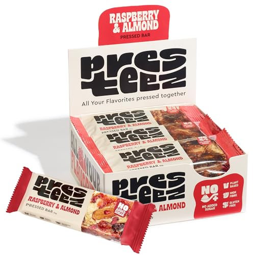 Presteez Raspberry & Almond Fruit and Nut Bar - Healthy Snacks, No Added Sugar or Sweeteners, Vegan, Gluten Free, High Fibre Energy Bars, Support Clean Eating, 35g, 12 Pack