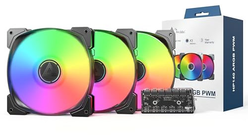 MONTECH HP140mm PWM ARGB Ventilador - Alto flujo de aire, rodamiento de rifle silencioso, 1600 RPM, 4 pines, paquete 3 en 1 con hub de ventilador de 6 x 6 - Negro