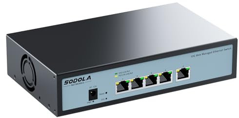 SODOLA 5-Port 10Gbit Easy Web Managed Switch – 5×10GBase-T Ports mit LACP, QoS, VLAN & IGMP， 10Gb Switch für Netzwerkmanagement