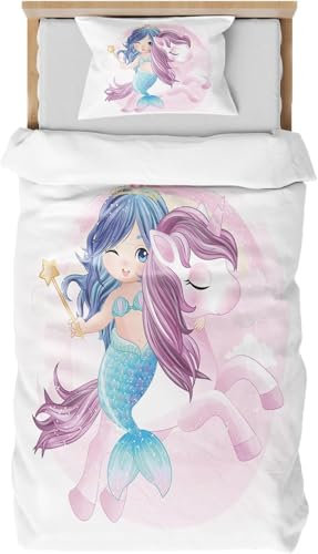 DJDEA Meerjungfrau Bettwäsche 100x135 Mädchen, Weich Mikrofaser Kinder Bettwäsche Set Atmungsaktiv 2-teiliges Bettwäsche Einhorn mit Kissenbezug 40x60cm