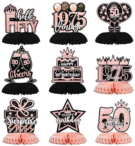 Bliceon 50th Birthday Decorations for Women, Rose Gold Honeycomb Centerpieces, 9-Piece Vintage 1975 Party Supplies for Happy 50th Birthday Celebrations