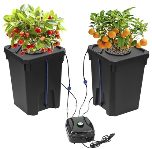 QWORK® DWC Hydrokultur Anbausystem, 27 Liter Tiefwasserkultur, Hydroponic System, Mit Topf Tropfkit, 8W Luft Pumpe, 2 Eimern