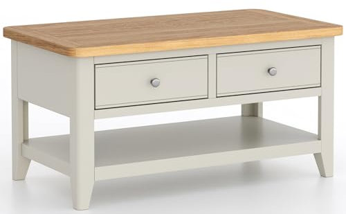 New York Solid Oak & Pine Coffee Table – Painted Soft Grey, Fully Assembled with 2 Drawers & Shelf, Wooden Living Room Furniture, Modern Rustic Storage Coffee Table with Natural Oak Top