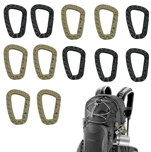 LDBKLGHJ Moschettone plastica 12 Pezzi per Outdoor Campeggio Escursionismo, Ganci Leggeri 84x56mm, Nero e Kaki, Accessori Multifunzione per Zaino, Borraccia, Attrezzatura da Montagna