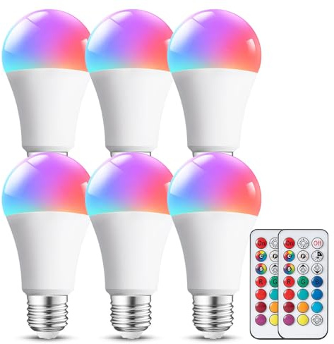 Aigostar LED E27 Farbwechsel Lampe mit Fernbedienung, 8W äquivalent 60W, RGB Glühbirne Dimmbar Farbige Leuchtmittel, 15 Farben, 4 dynamische Modi & 5 Helligkeitsstufen, Warmweiß 3000K, 806LM, 6er Pack