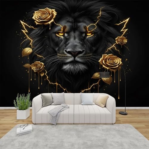AevuCub Tapete Löwe, Fototapete Golden Rosenmotiv Schlafzimmer, Tapeten Vliestapete Wilde Tiere Wohnzimmer, Wandtapete Kinderzimmer Schwarz Gold Wanddeko, Mustertapete Vlies 150 x 105 cm (B x H)