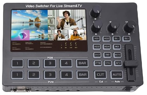 XUMIUZIY Conmutador Mezclador de Vídeo 1080P FHD, Conmutador de Transmisión en HDMI de 4 Canales con Pantalla IPS de 5 Pulgadas, Entrada y Salida 1080P 60 Hz, Pantalla OSD, Controlador (1080P)
