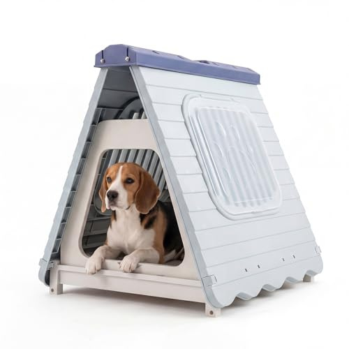 FANTASK Hundehütte Outdoor, Klappbares Hundehaus aus Kunststoff, Tragbare Hundehöhle mit abschließbarer Klappe & belüfteten Fenstern, Für kleine & mittelgroße Hunde, 72 x 60 x 68 cm (Blau)