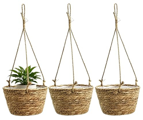 BORDEAG 3 Stück Blumenampel Hängend Innen, Natürliche Seegras Hängeampel Pflanzkorb, Handgewebte Blumentöpfe mit Boho Stil, 20cm, Ideal für Innenbereich und Dekoration