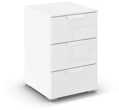 Rauch Möbel ADITIO, Nachttisch, Farbe Glas Weiß, Maße 40x61x42 cm | Nachtkommode im modernen Look, 3 Schubladen, mit Glasfront, Soft-Close, für Schlafzimmer, Jugendzimmer, Gästezimmer