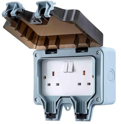CROWNSHOP Outdoor Socket Waterproof 13A 1-gang Switch Single IP66 Outdoor Weatherproof No Switch Socket Wall Power Socket Weatherproof Plug Socket Box (Double Socket)