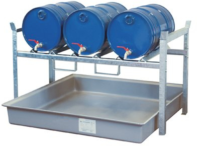 Fassregal, Stahl verzinkt, mit Fassauflage für 3x6 0-l-Fässer, GFK-Auffangwanne 220 l, BxTxH 1410x128