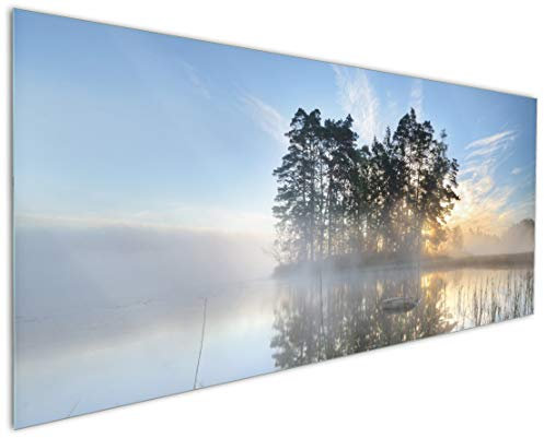 Wallario Küchenrückwand aus Glas 125 x 50 cm, Motiv: Stiller See mit Insel im Morgennebel | Spritzschutz abwischbar & pflegeleicht