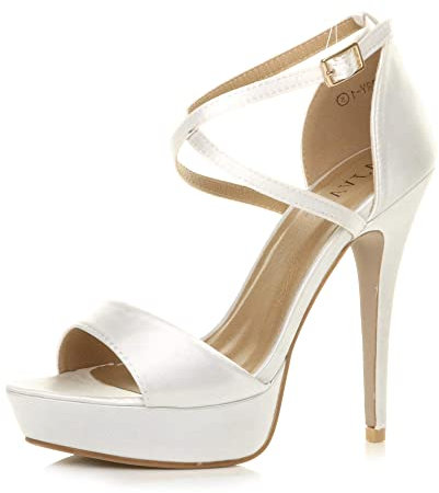Womens Ladies Platform high Heel Peeptoe Cross Over Strappy Shoes, White Satin, 7 UK