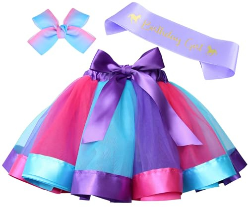Toycost Layered Rainbow Tutu Skirt Costumes Set with Hair Bows Clips and Satin Sash for Girls Birthday Party Dress up (Purple/Blue/Rose Rainbow, L,4t~8t)