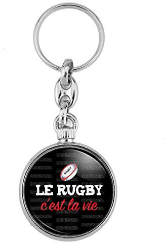 Badgmania Porte Clés Métal 2 faces Le Rugby c'est la Vie - Ballon ovale Fond Noir Logo 33mm