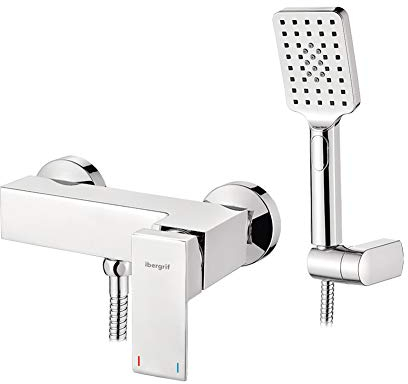 Ibergrif Atenas - Robinet Carré Bain, Mitigeur de Douche avec Douchette et Flexible, Support