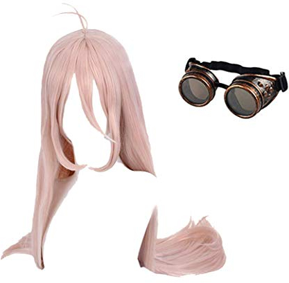 GZIRUE Rosa Lange Gerade Perücke für Miu Iruma Cosplay Wig Halloween Party Kostüm Wig mit Brille Steampunk Antique Goggles Glasses DRV3